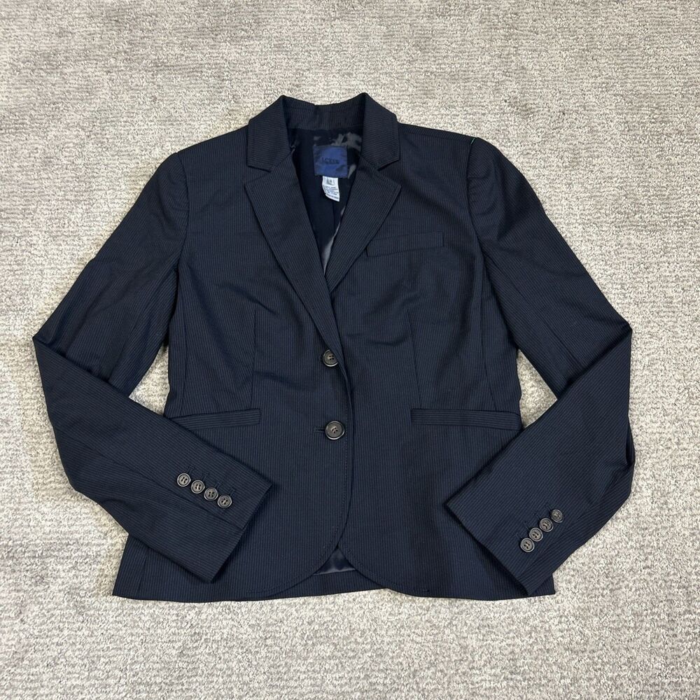 J Crew Blazer Womens 2 Wool Blend Navy Blue Pinstriped Office Career Jacket